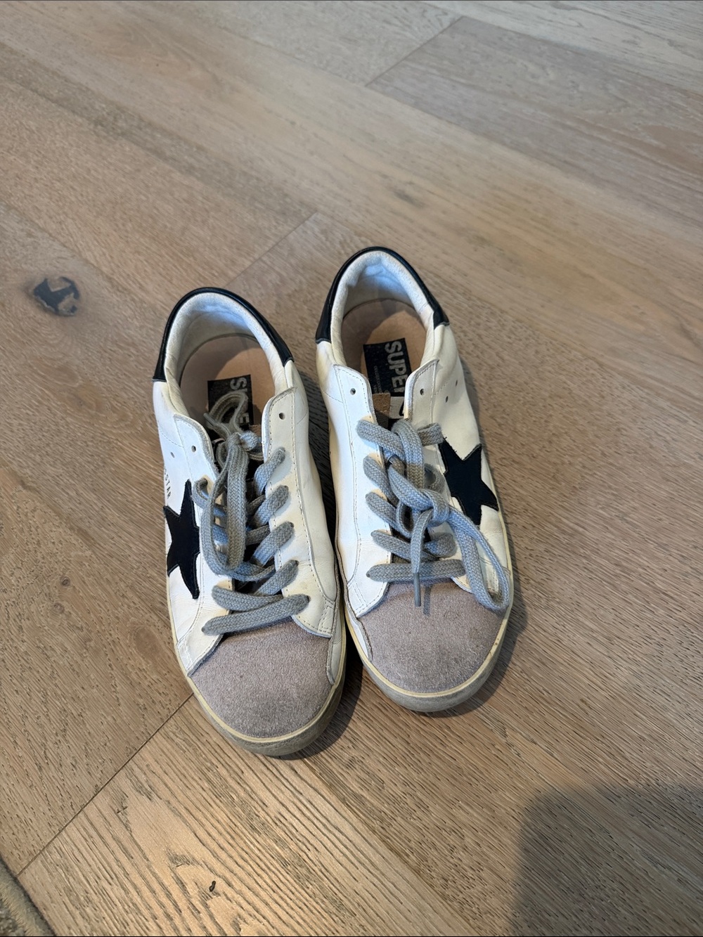 Golden Goose White Sneakers with Black Star and Gray Suede Toe